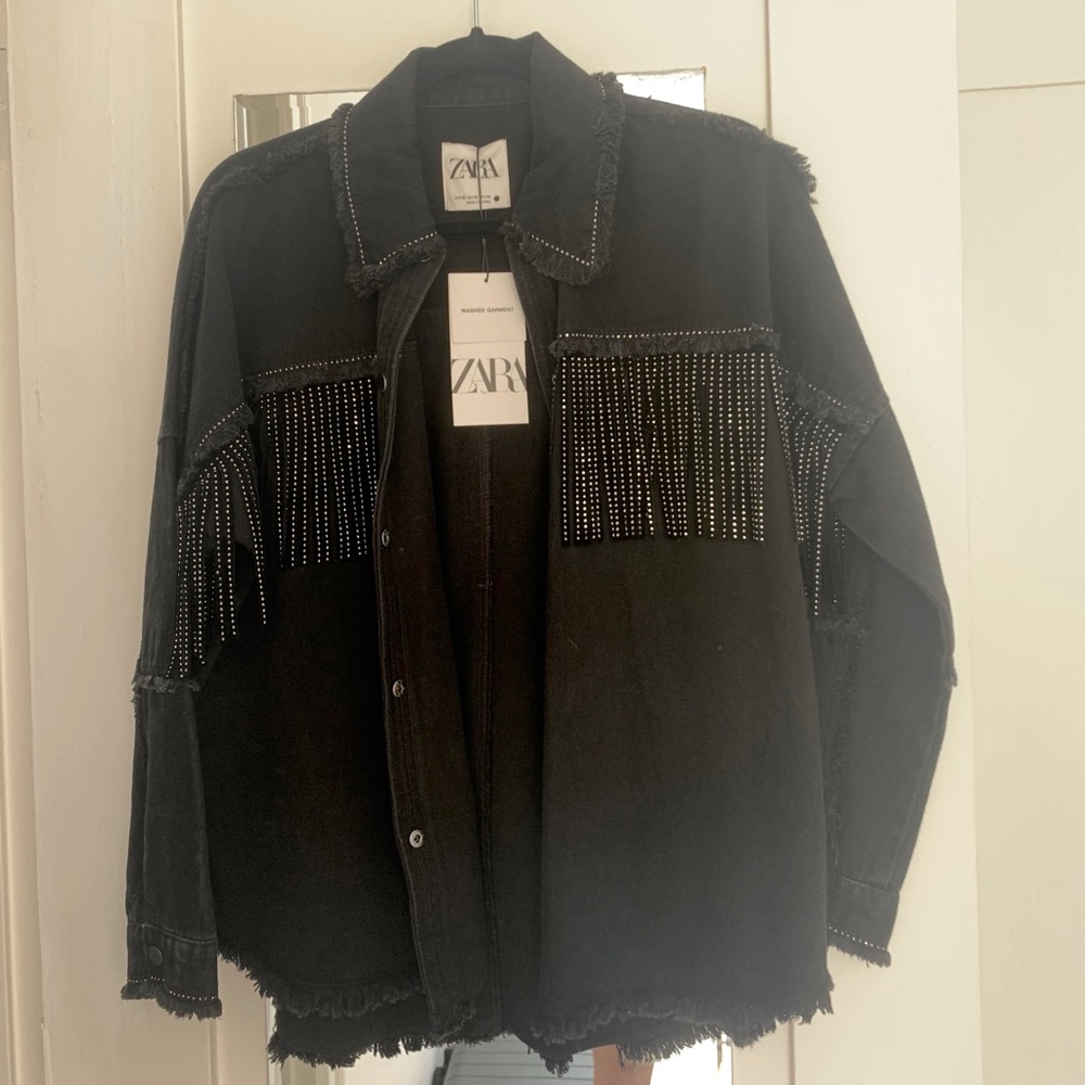 ZARA BLACK DENIM JACKET WITH FRINGE